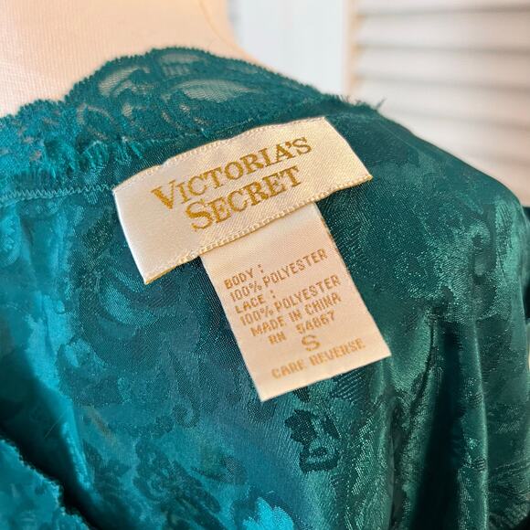 Vintage Victoria’s Secret Satin Lace Babydoll Slip Dress Teal Green Size Small - Picture 7 of 7